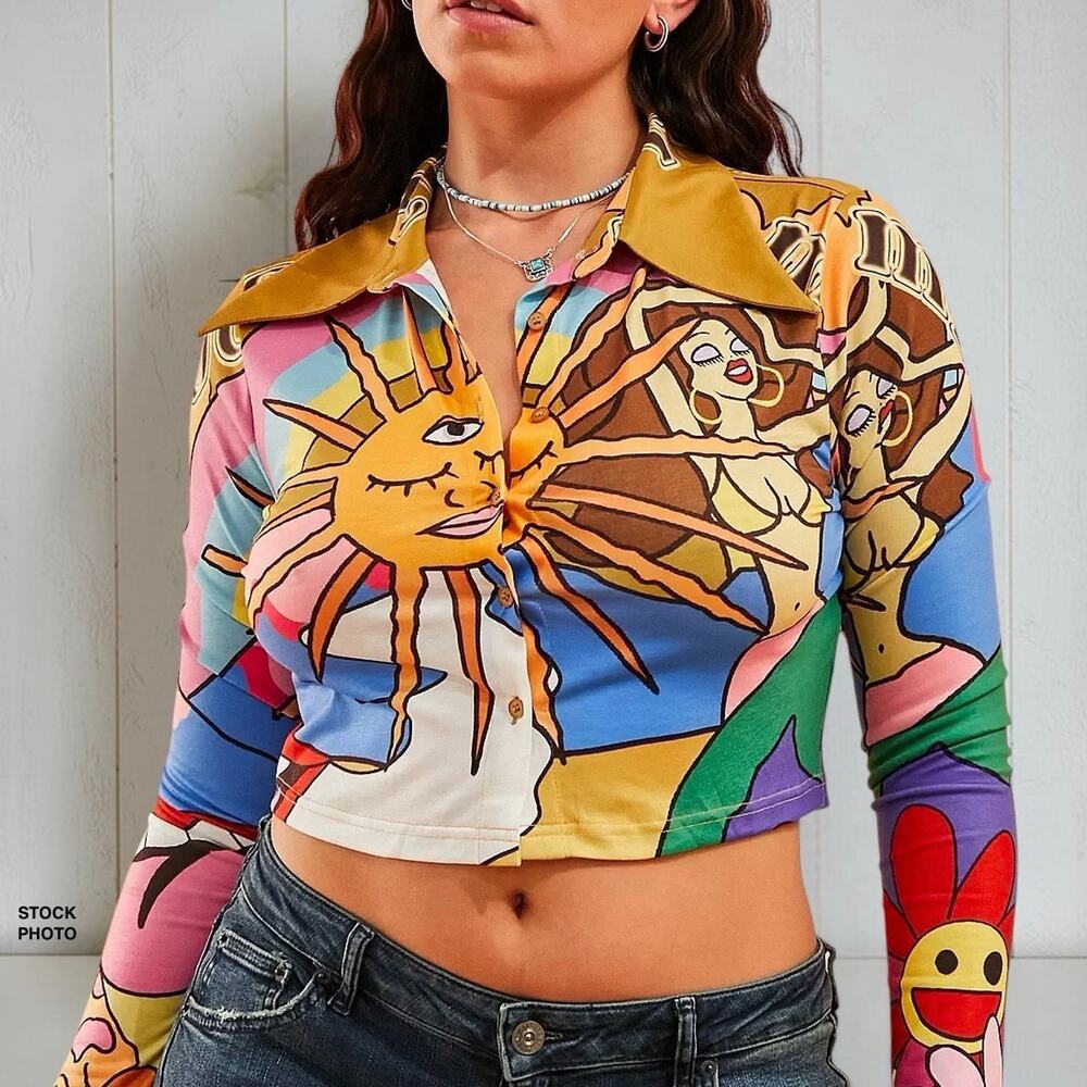 Elsie & Fred Psychedelic Sun Crop Shirt Y2K Festival Celestial Trippy Top Sz XL